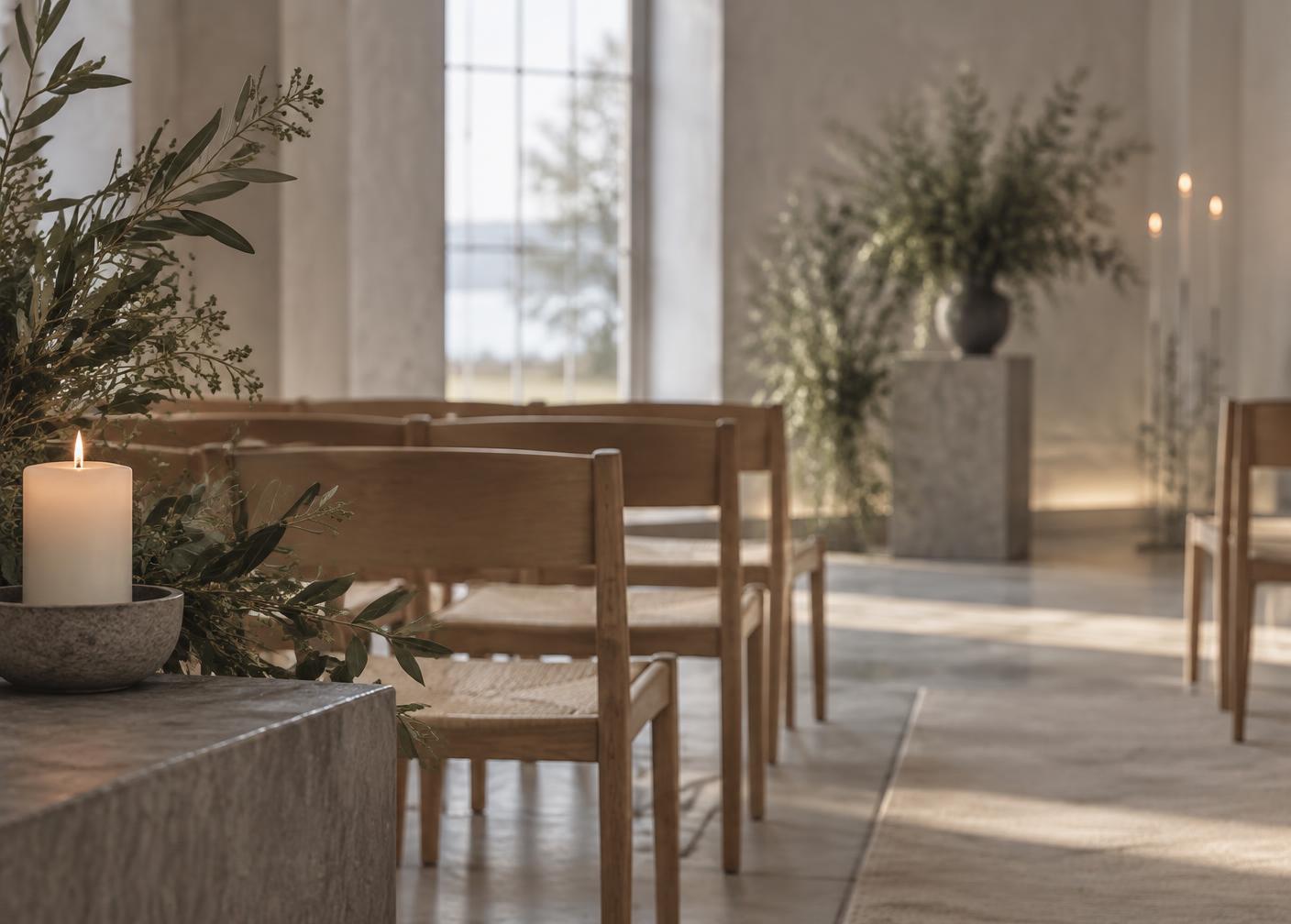 Detalj fra et forberedt seremonirom med stoler, lys og grønne planter