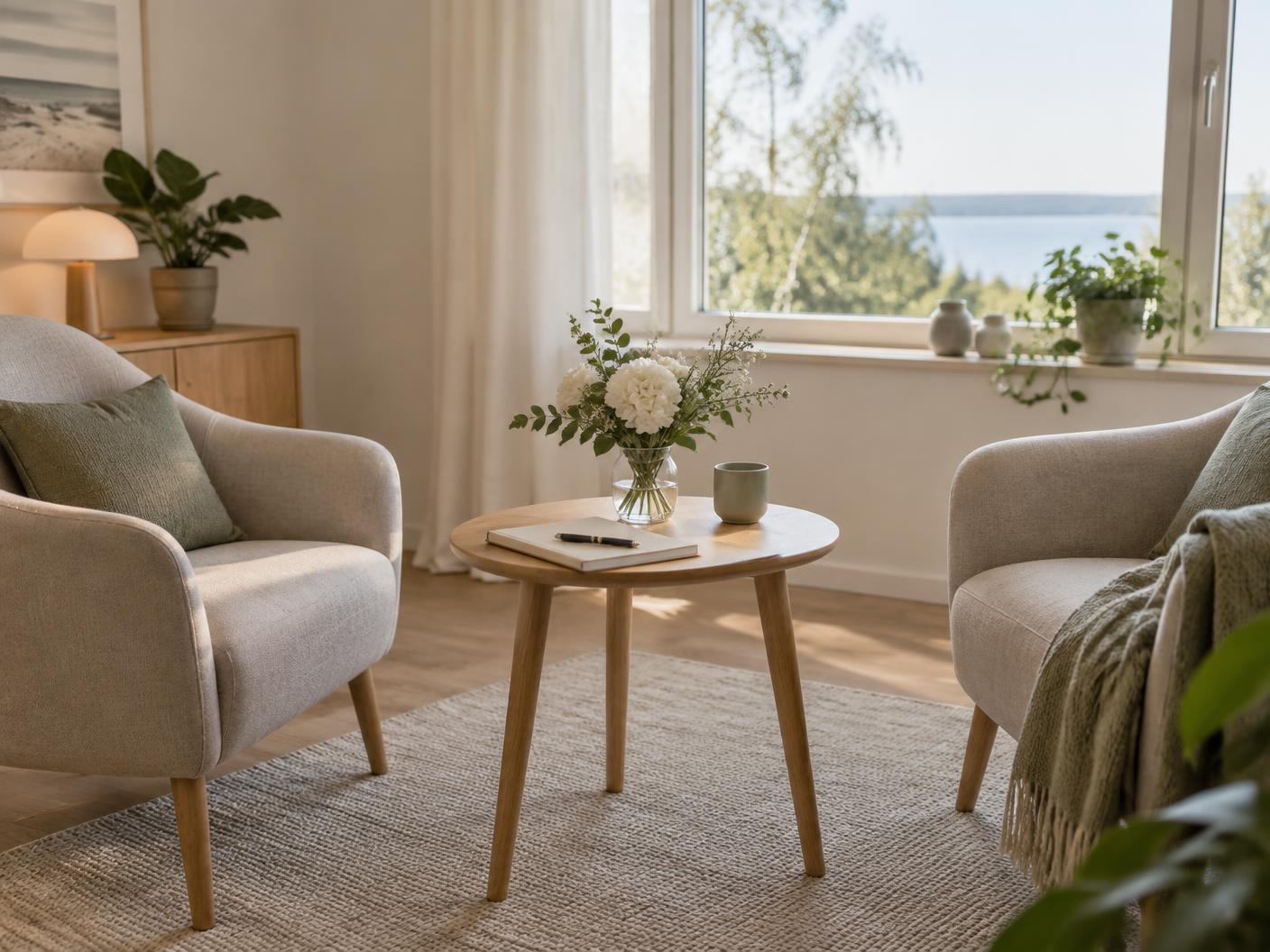 Et lyst og rolig samtalerom med to stoler, mappe og hvite blomster
