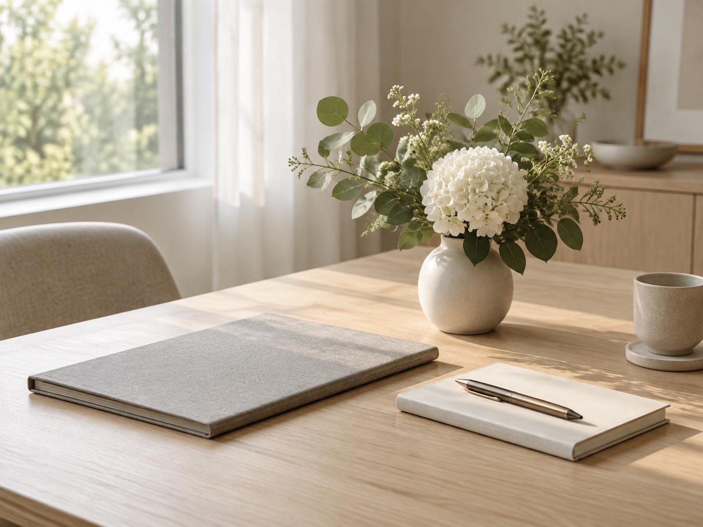 Et lyst bord med mappe, penn og hvite blomster